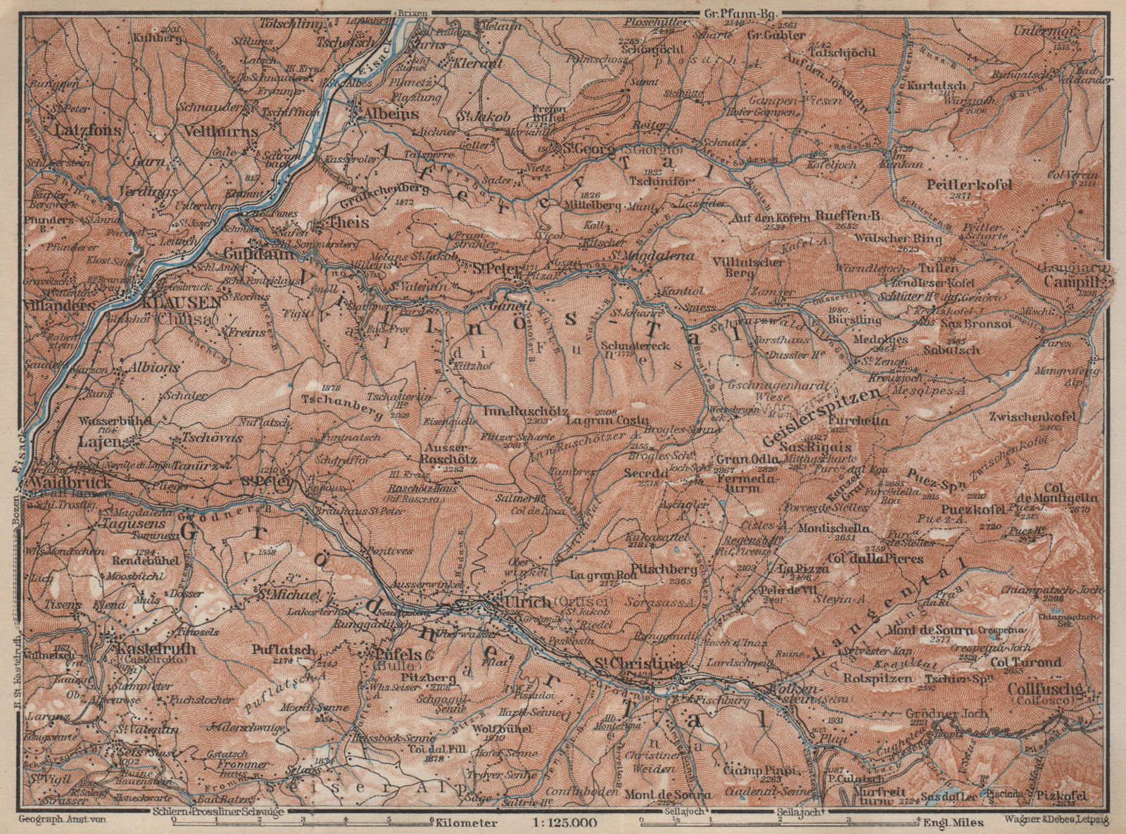 VAL GARDENA/GRÖDEN Klausen/Chiusa St Ulrich S Christina Selva Südtirol 1927 map