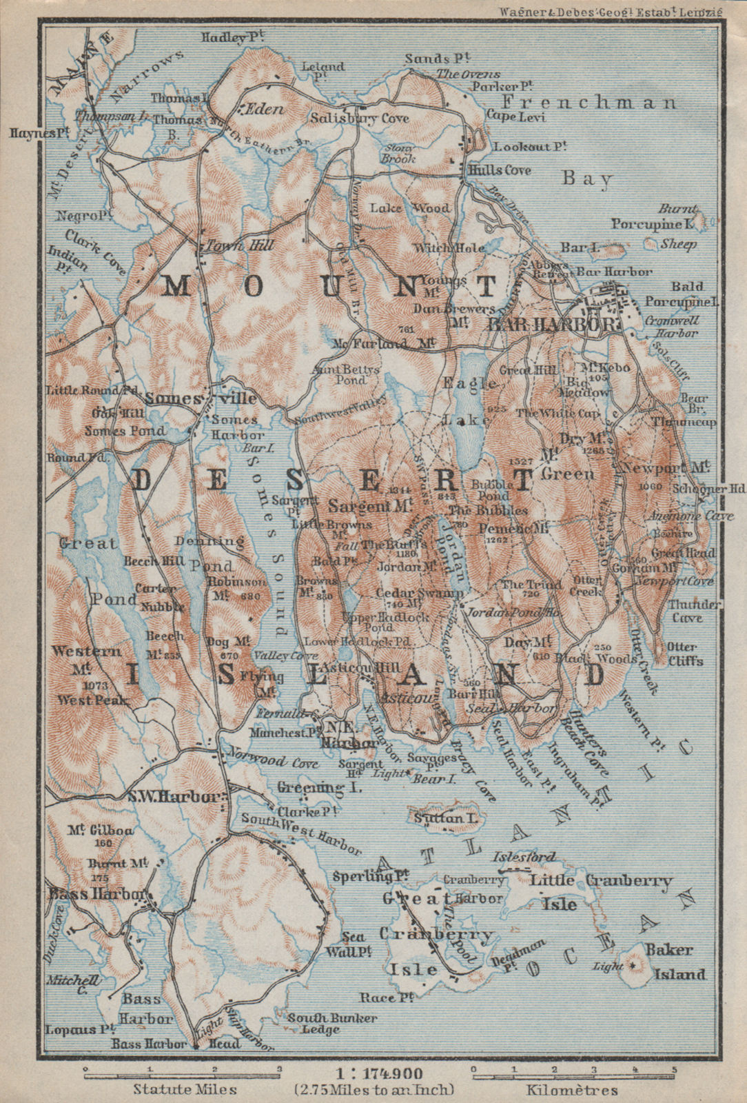 Associate Product MOUNT DESERT ISLAND. Maine. Bar Harbor. BAEDEKER 1909 old antique map chart