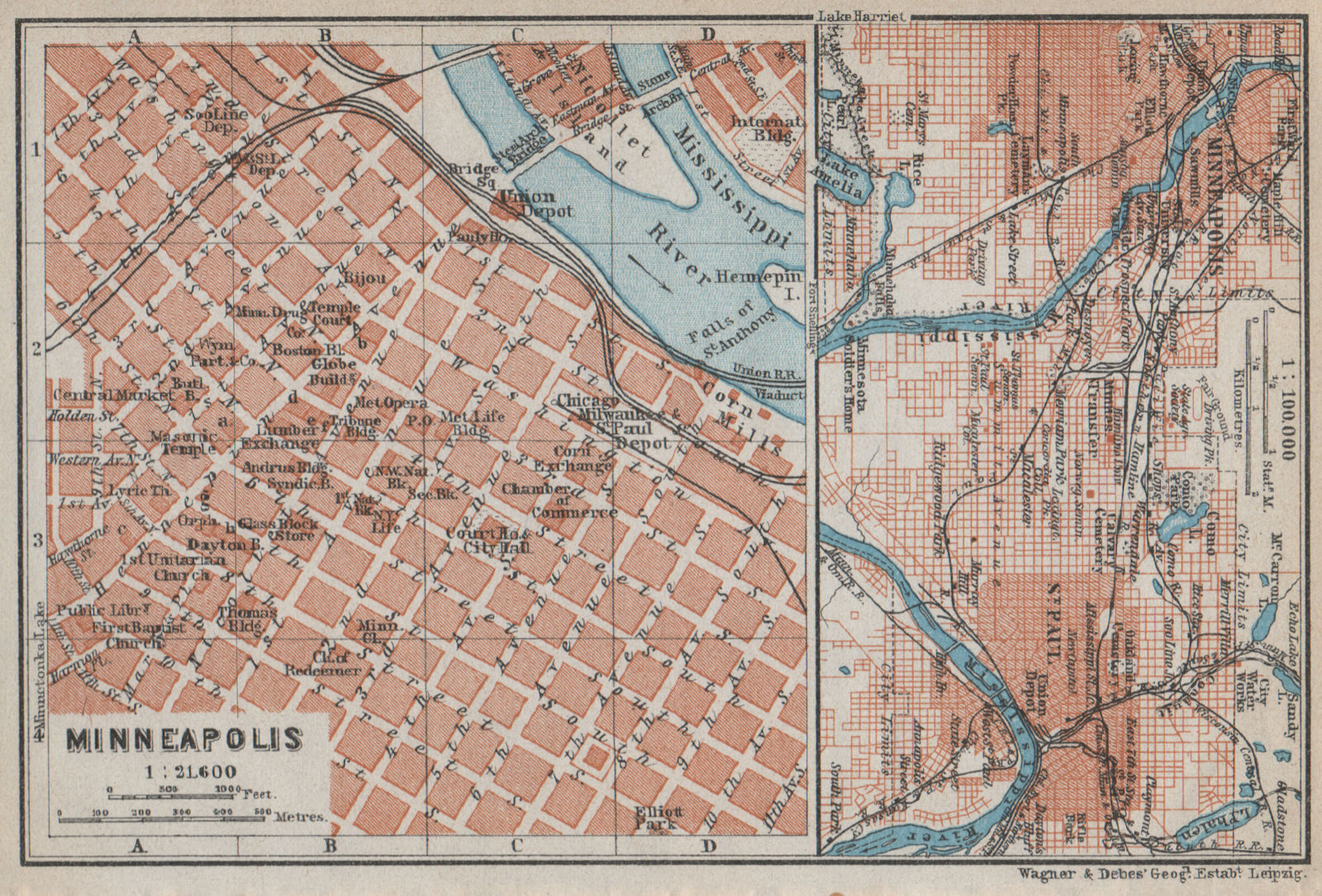 Associate Product MINNEAPOLIS ST. PAUL antique town city plan. Minnesota. BAEDEKER 1909 old map