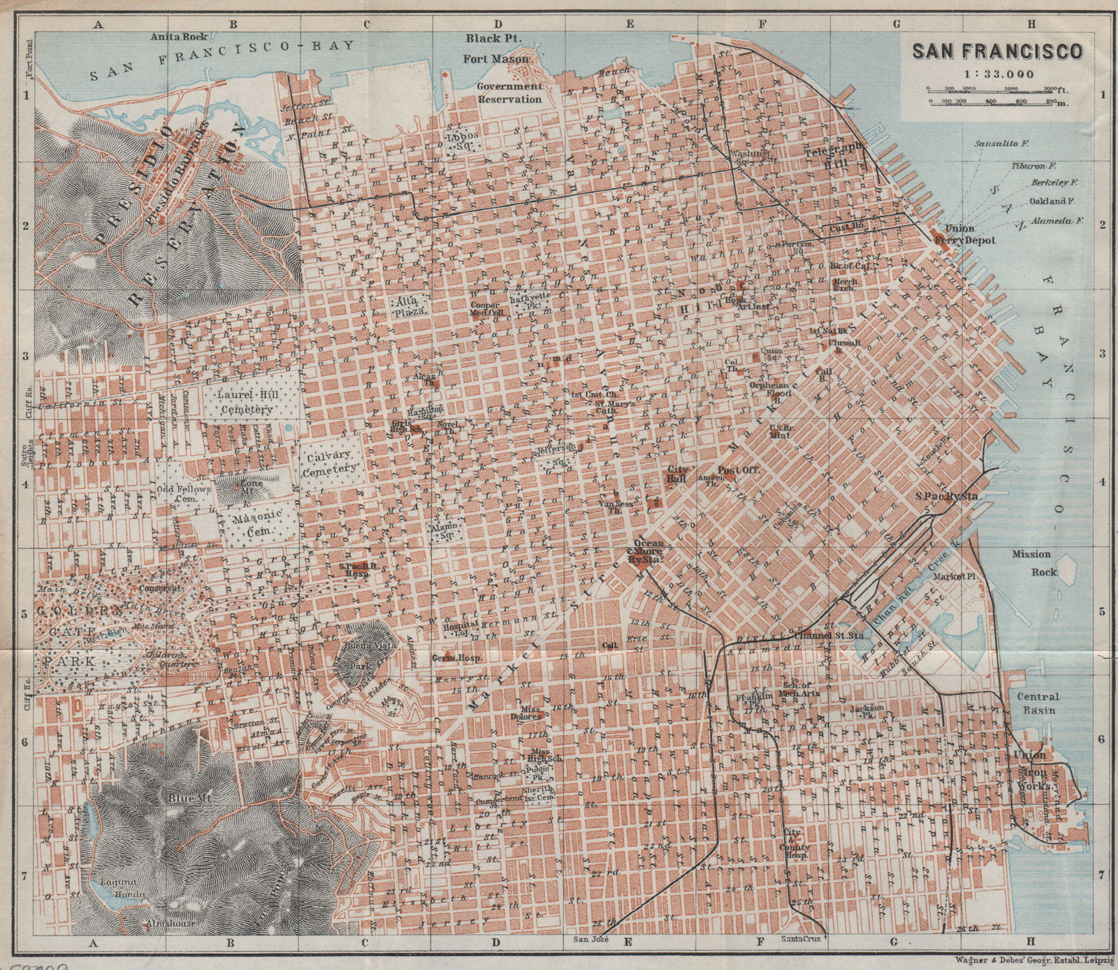 SAN FRANCISCO antique town city plan. California. BAEDEKER 1909 old map