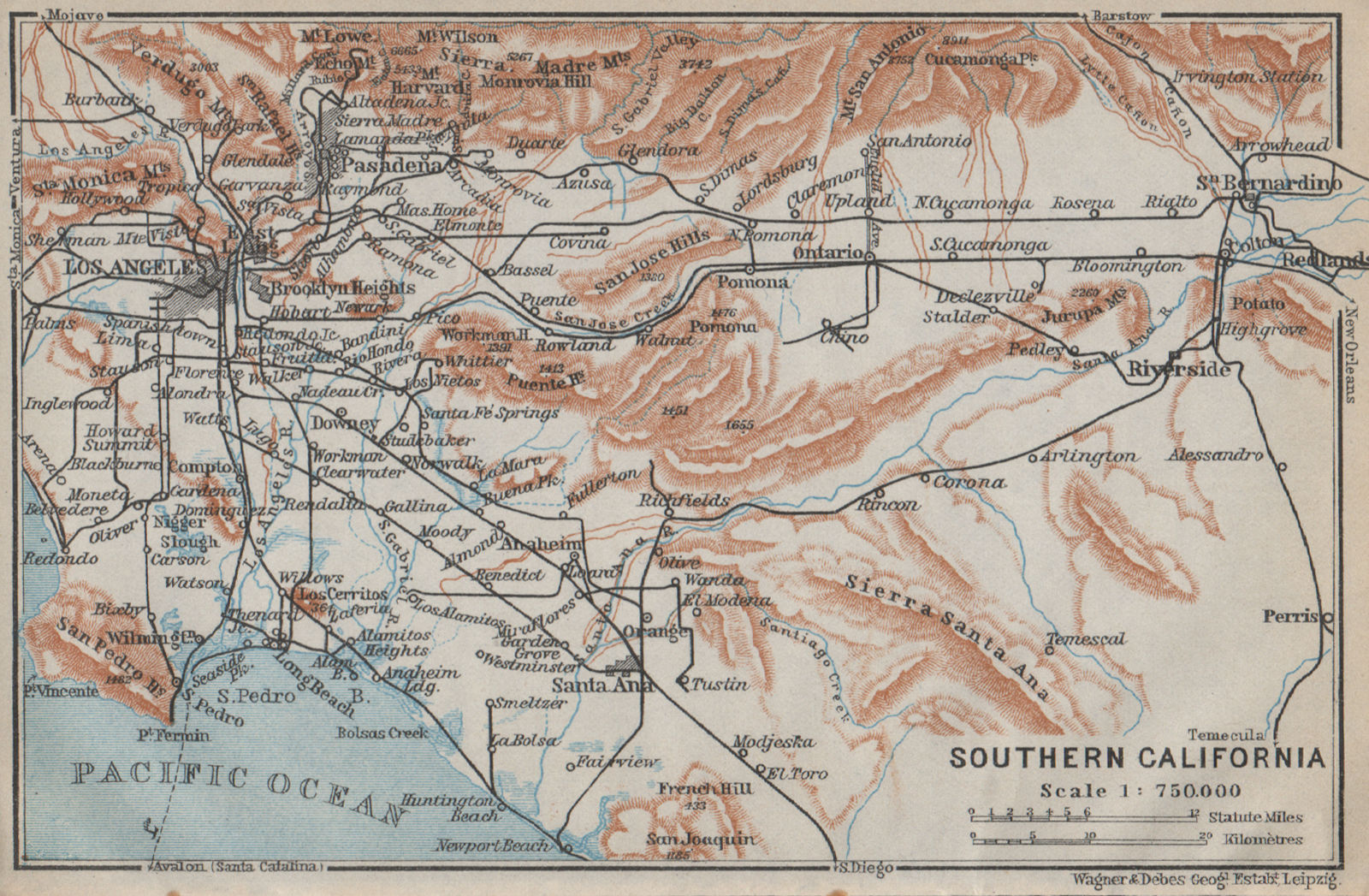 Associate Product SOUTHERN CALIFORNIA. Los Angeles Pasadena Santa Ana. BAEDEKER 1909 old map