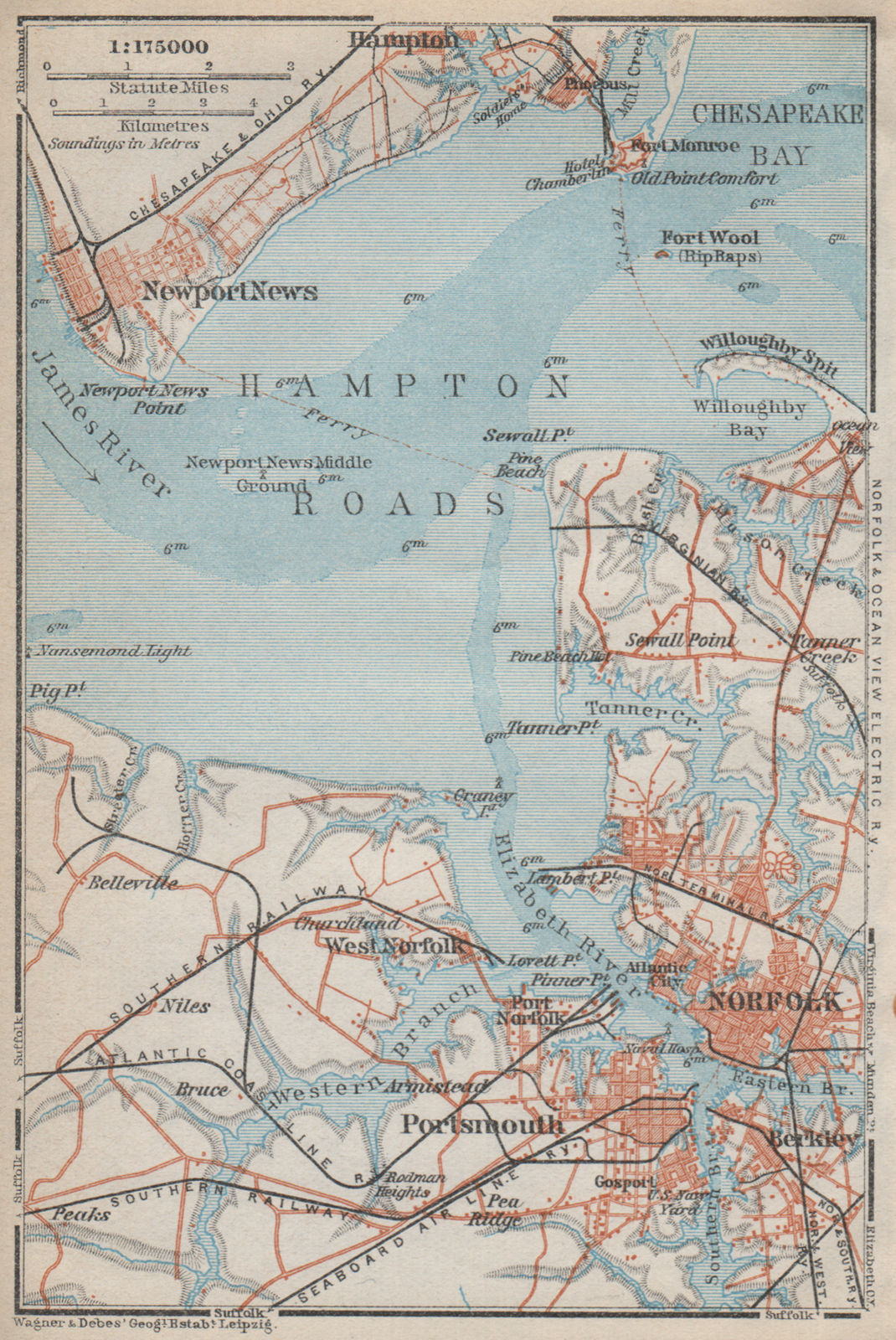 Associate Product HAMPTON ROADS, Vginia. Norfolk Portsmouth Newport News. BAEDEKER 1909 old map