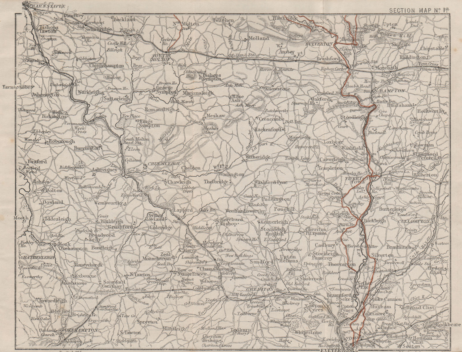 NORTH DEVON. Barnstaple Exeter Tiverton Bampton Crediton South Molton 1889 map