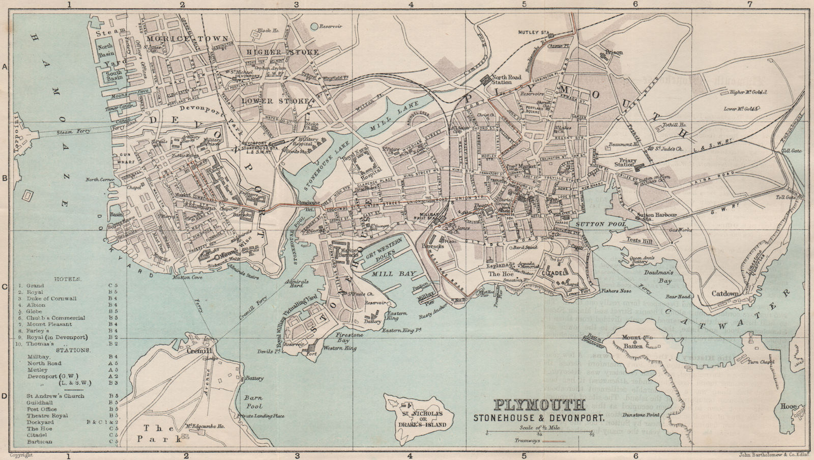 PLYMOUTH STONEHOUSE & DEVONPORT town/city plan. BARTHOLOMEW 1889 old map