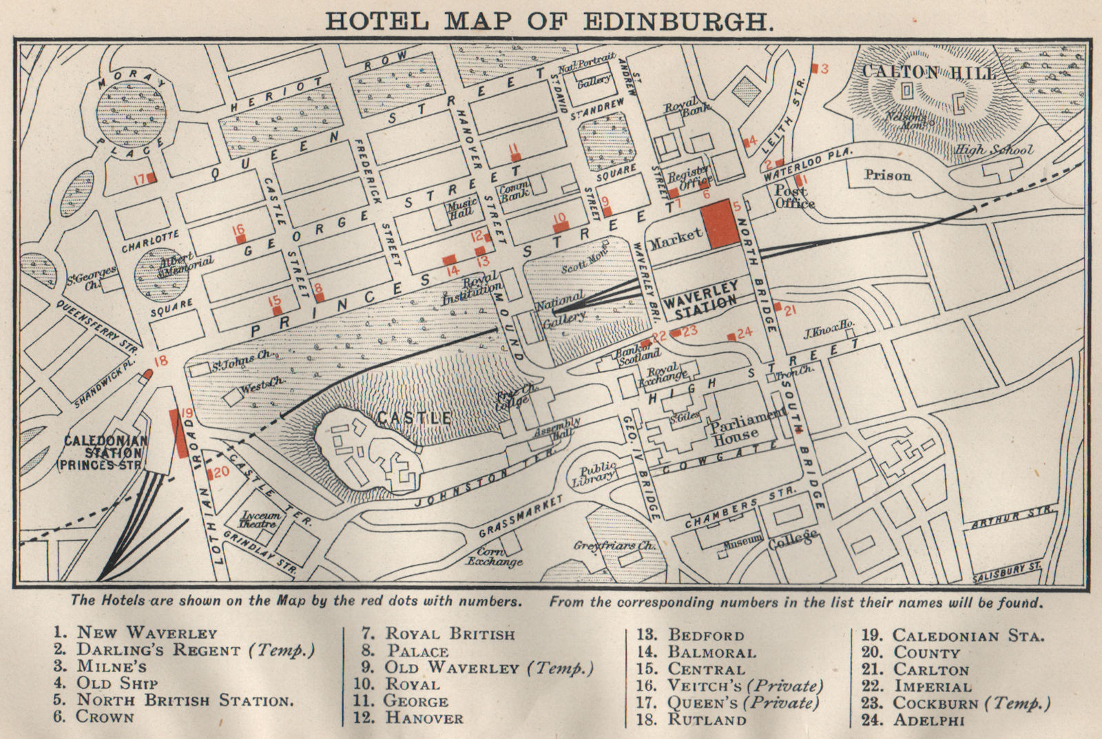 EDINBURGH Hotel map. Waverley Royal George Hanover Rutland Carlton &c 1908