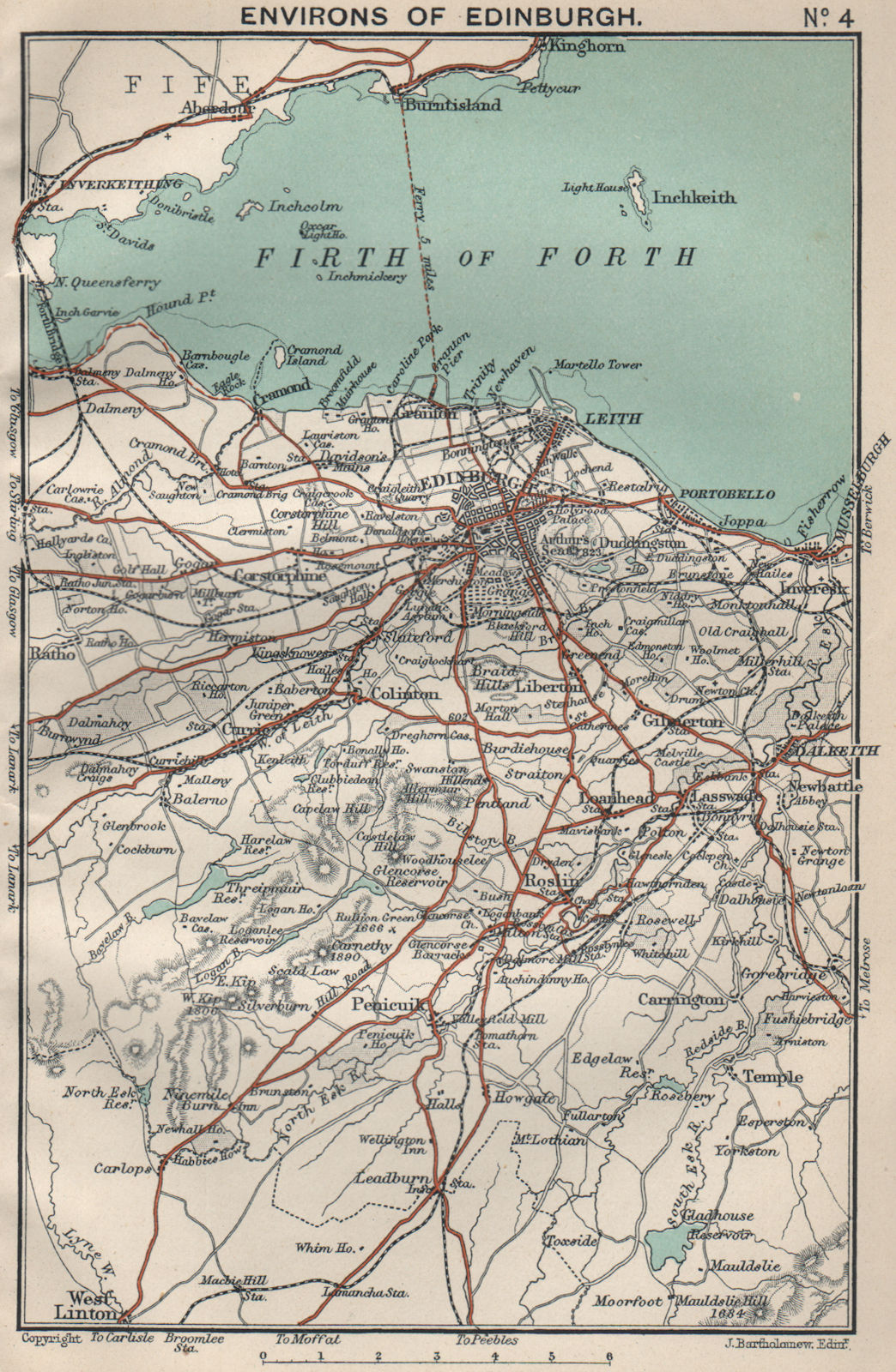 EDINBURGH environs. Firth of Forth. Midlothian. BARTHOLOMEW 1908 old map