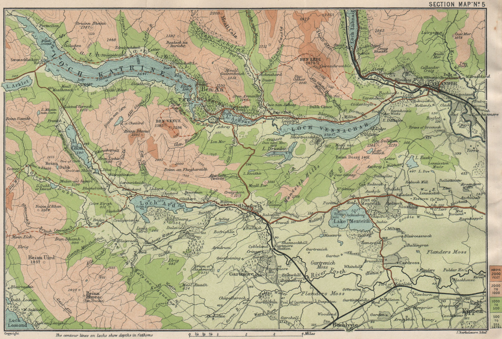 CALLANDER ENVIRONS. Ben Ledi Ben Venue Loch Katrine Loch Vennachar 1908 map