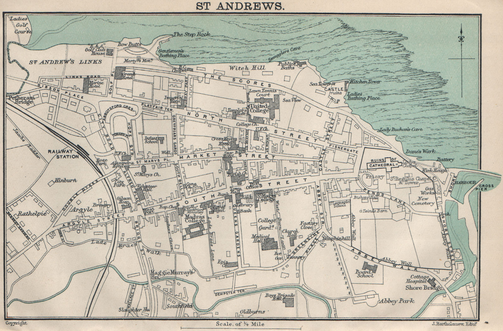 ST. ANDREWS town/city plan. Scotland. BARTHOLOMEW 1908 old antique map chart