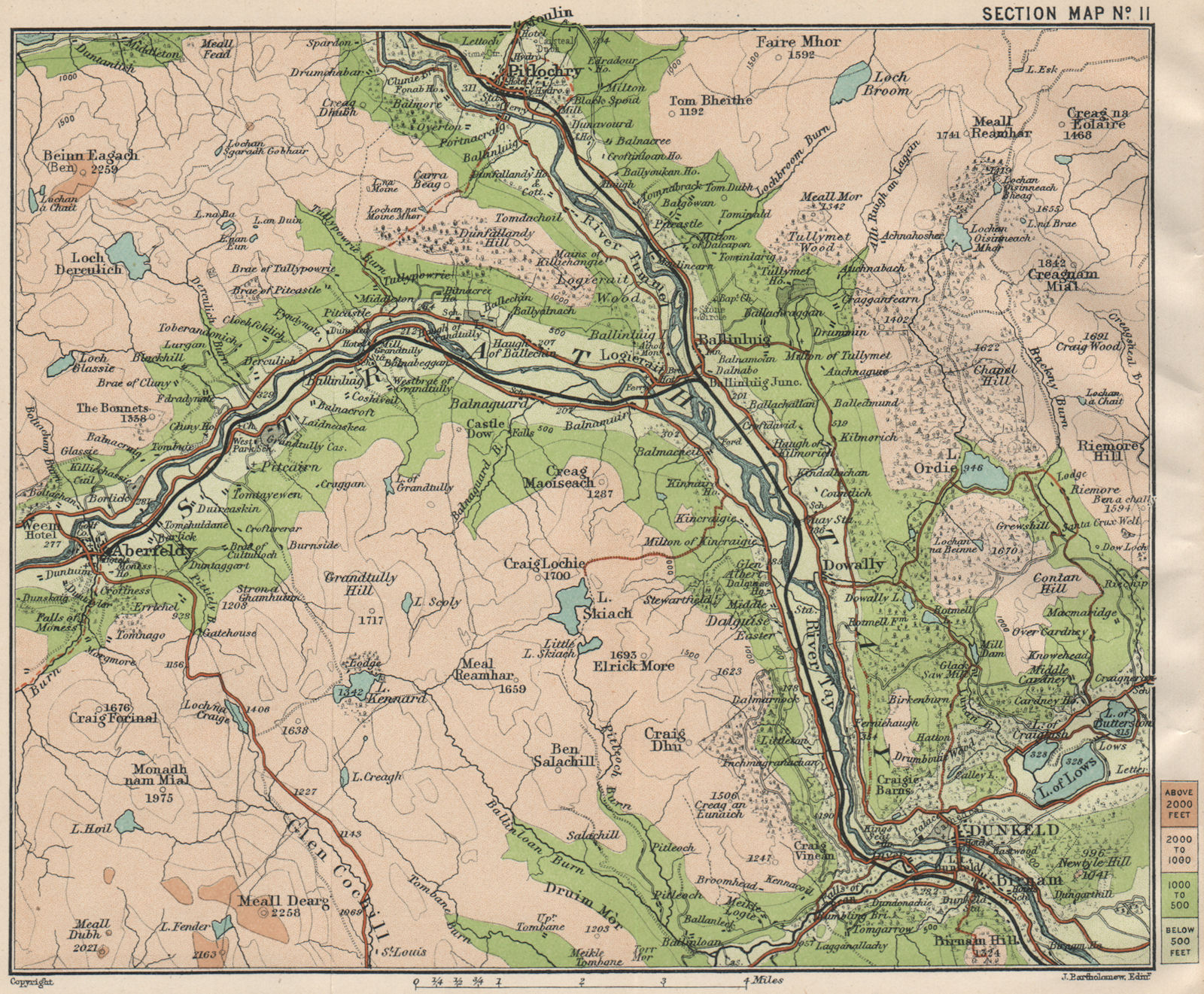 TAY RIVER VALLEY & FOREST. Pitlochry Dunkeld Aberfeldy Strathtay 1908 old map