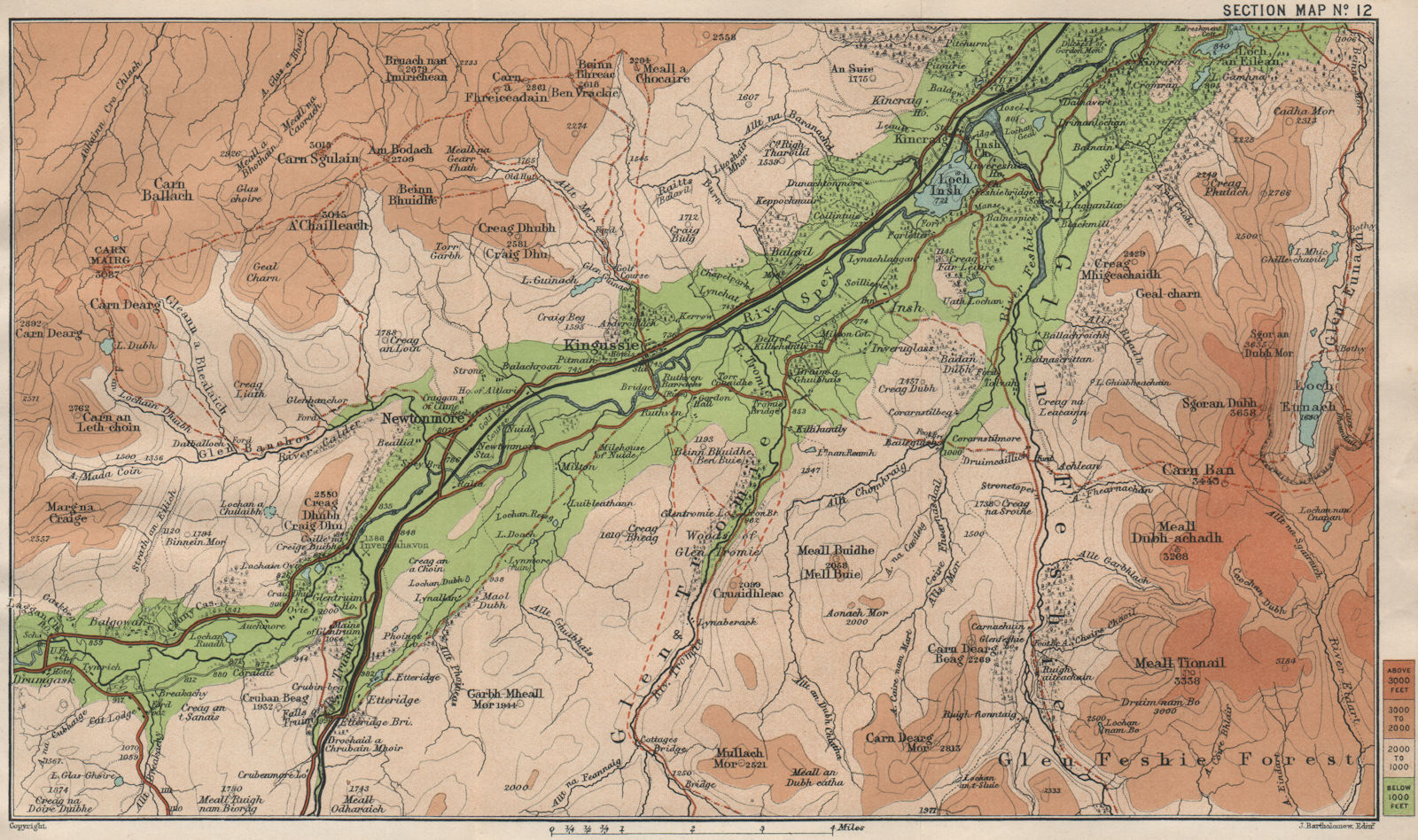 STRATHSPEY Spey valley. Cairngorms Kingussie Sgor Gaoith. BARTHOLOMEW 1908 map