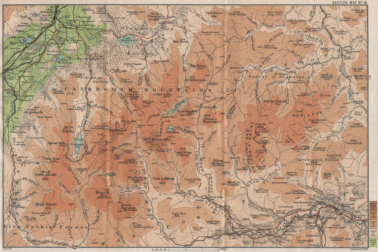 CAIRNGORM MOUNTAINS. Ben Macdui Braemar Glenmore Forest Braeriach 1908 old map