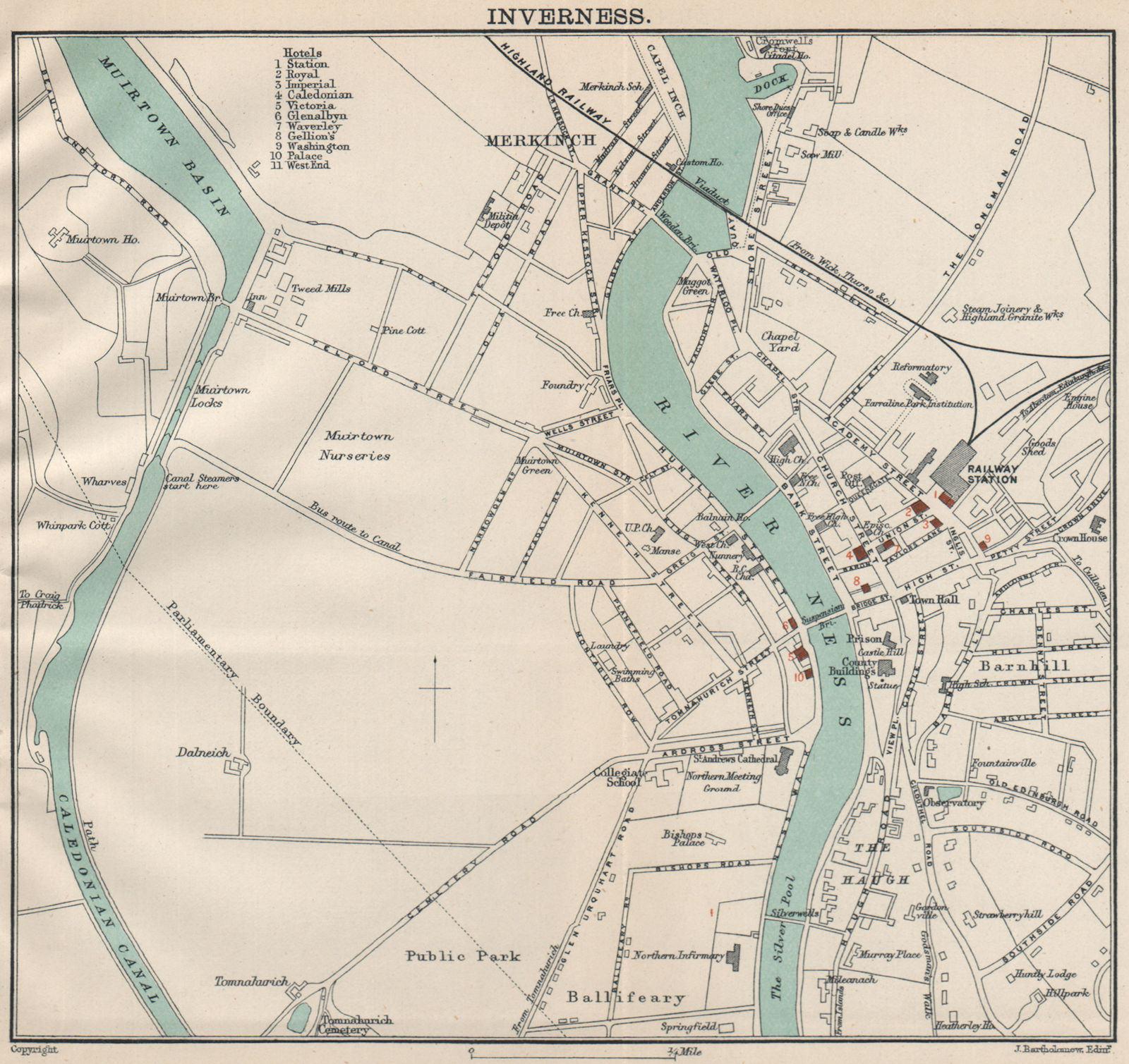 INVERNESS town/city plan. Scotland. BARTHOLOMEW 1908 old antique map chart