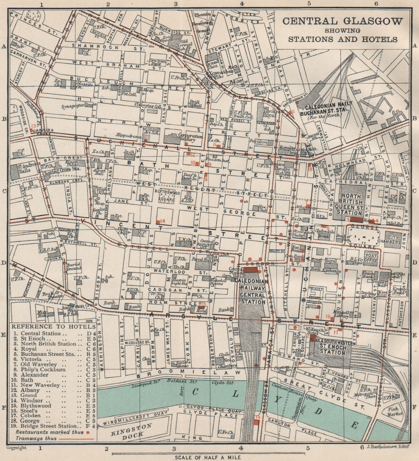 CENTRAL GLASGOW Stations & Hotels. St Enoch Royal Bath Albany Grand &c 1908 map