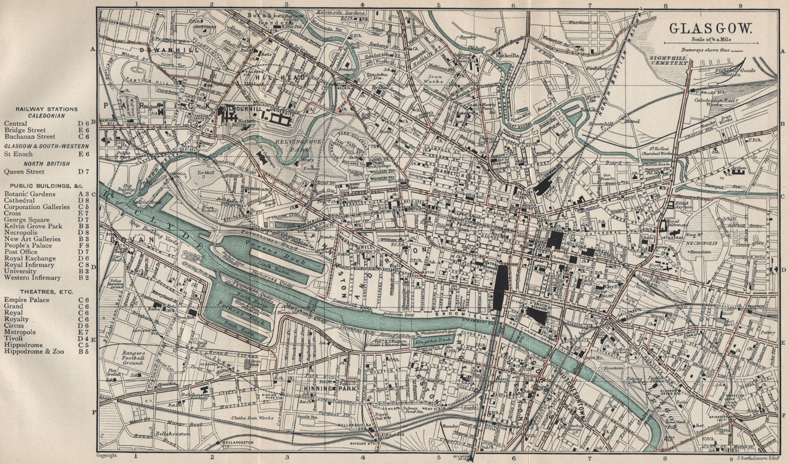 GLASGOW town/city plan. Scotland. BARTHOLOMEW 1908 old antique map chart