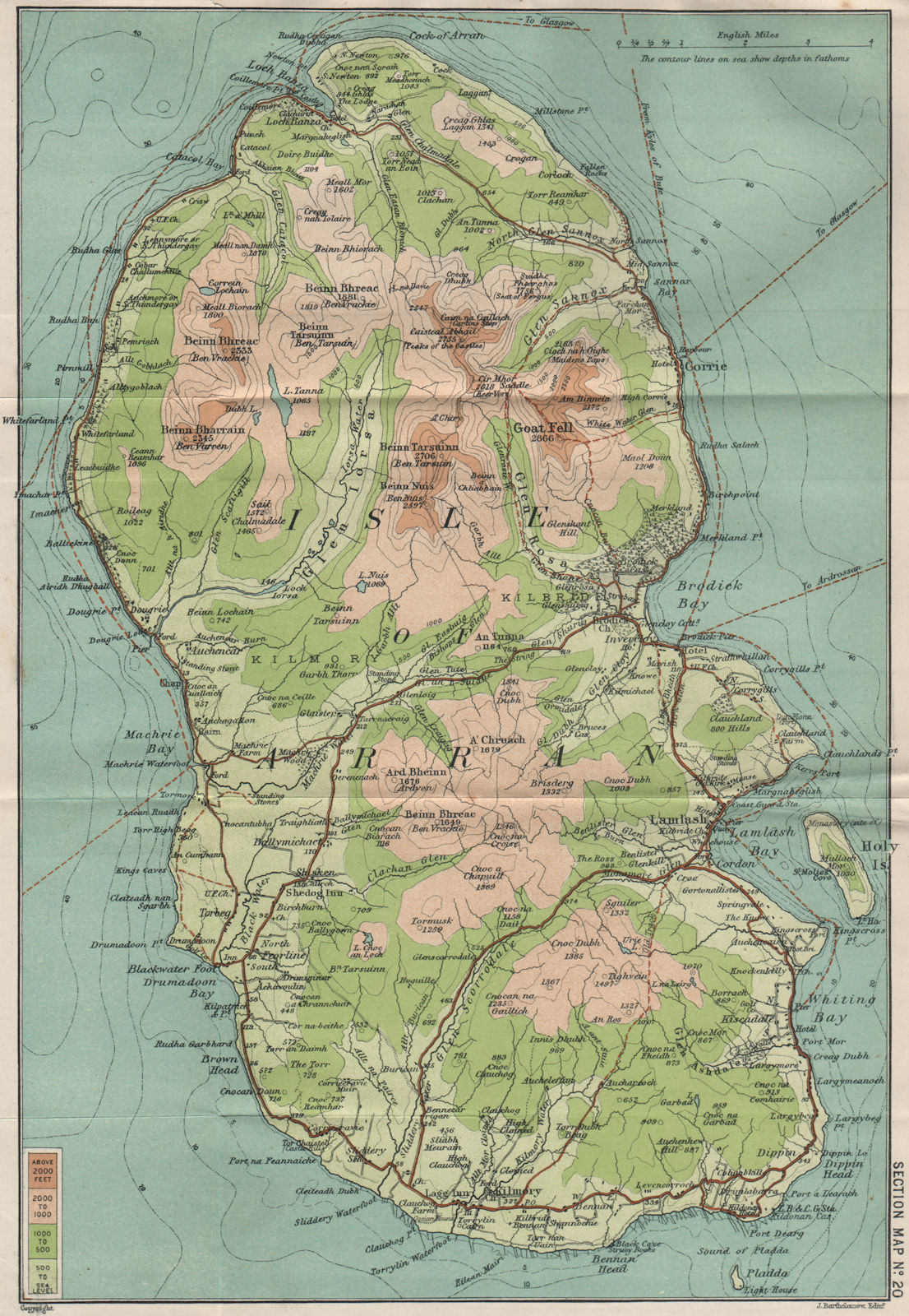 ISLE OF ARRAN Relief. Goatfell. Brodick. BARTHOLOMEW 1908 old antique map