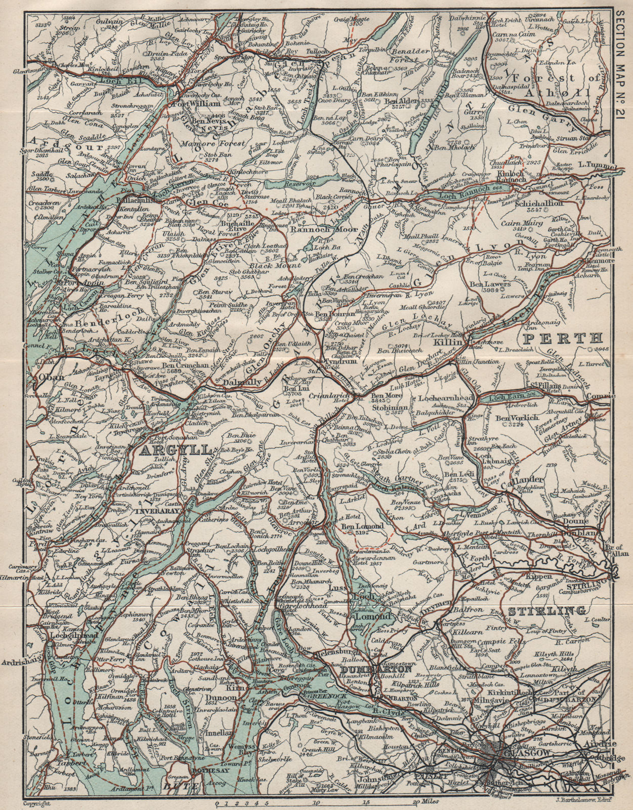 SCOTLAND Perth Argyll Stirling Glasgow Fort William Loch Lomond 1908 old map