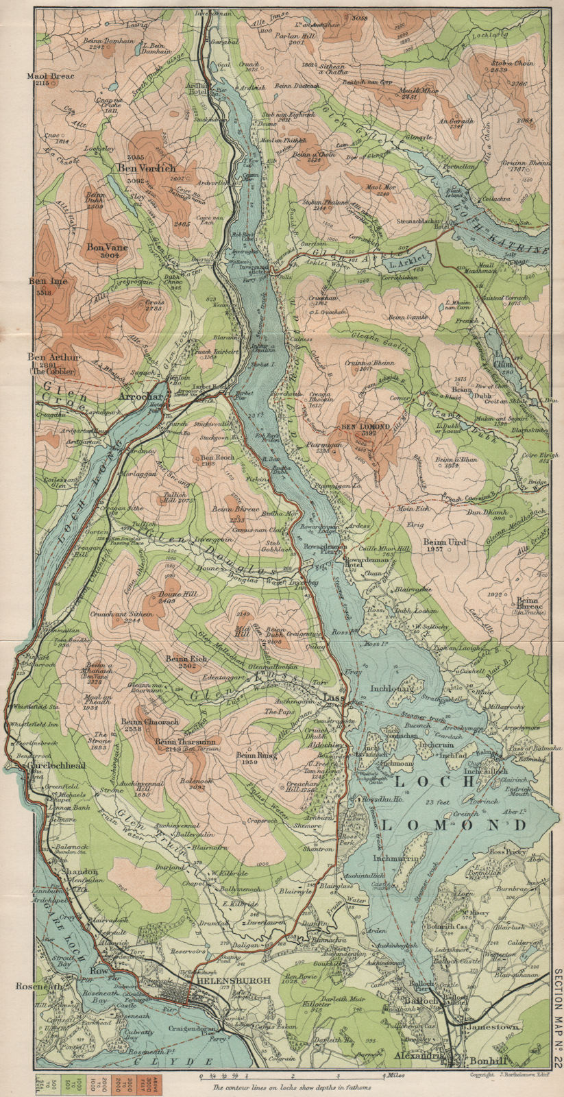 LOCH LOMOND. Trossachs Ben Lomond Helensburgh The Cobbler Balloch 1908 old map