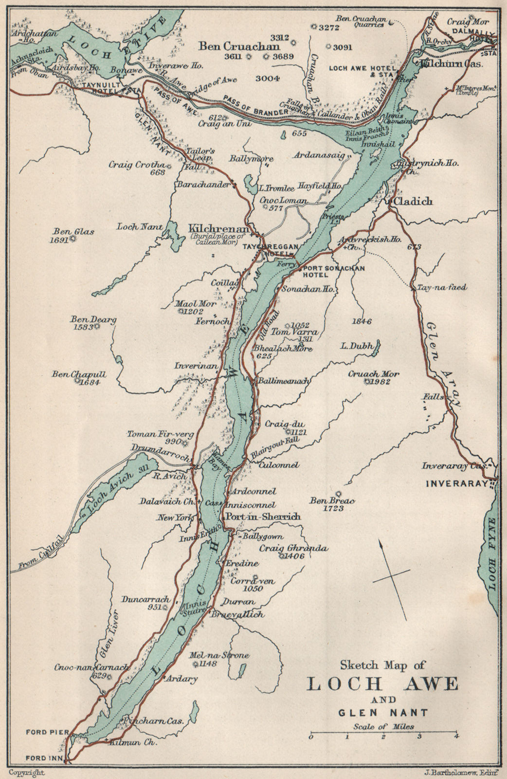 LOCH AWE & GLEN NANT. Ben Cruachan Taynuilt Kilchrenan Inveraray 1908 old map