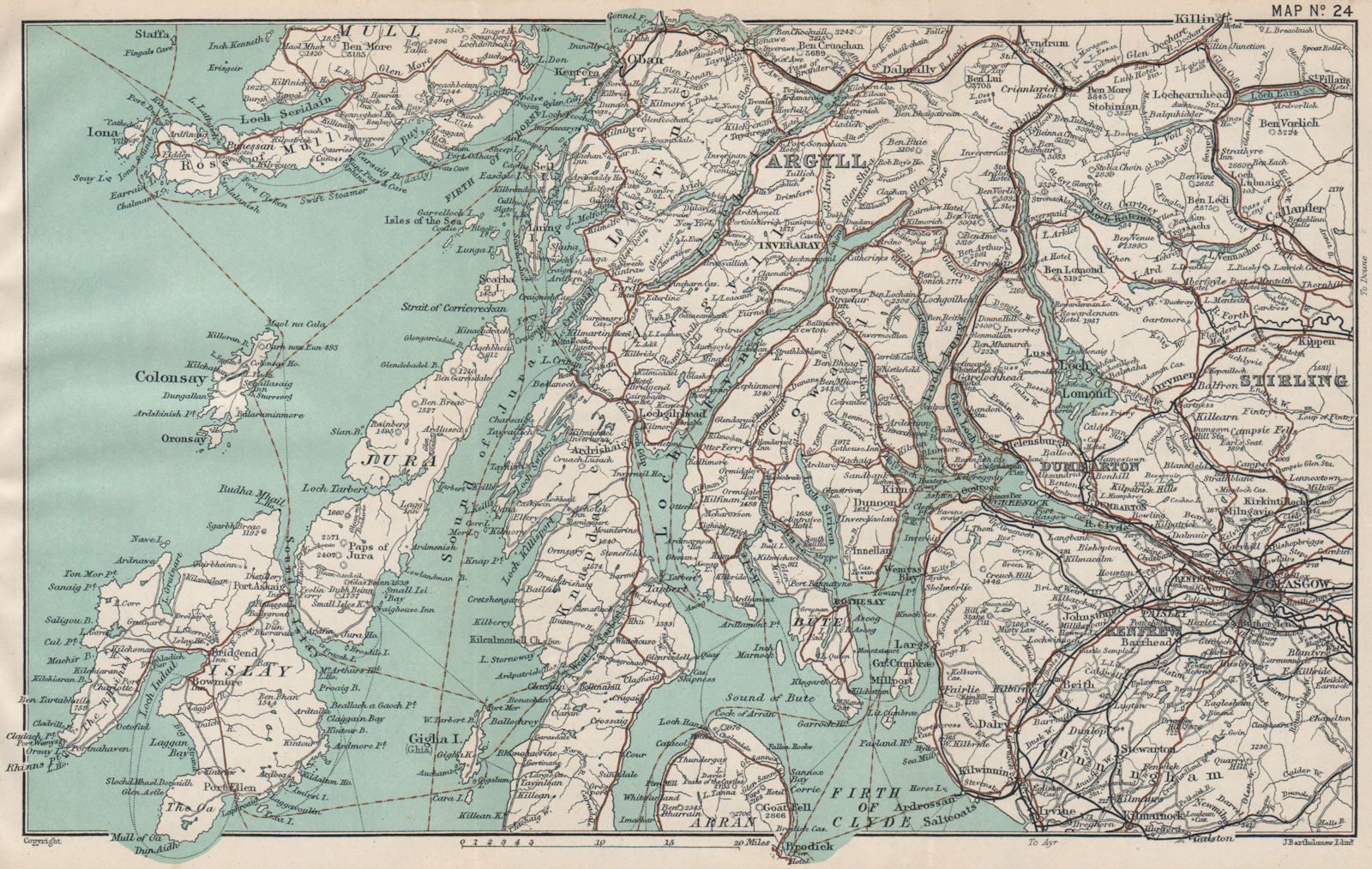 INNER HEBRIDES. Argyll Stirling Islay Jura Mull Colonsay Arran Kintyre 1908 map