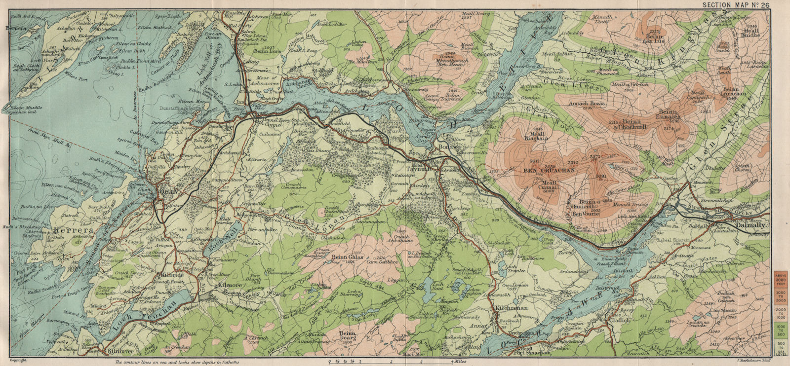 ARGYLL. Oban Loch Awe Loch Etive Dalmally Ben Cruachan Horseshoe 1908 old map