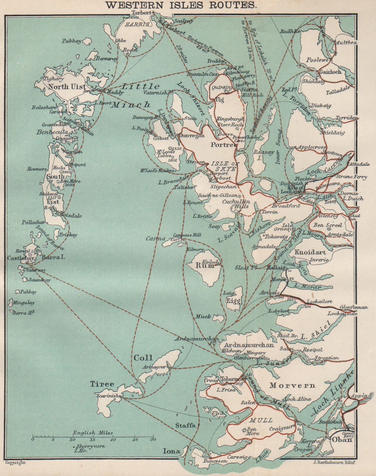 WESTERN ISLES FERRY & SHIPPING ROUTES. Hebrides Skye Uist Harris Mull 1908 map