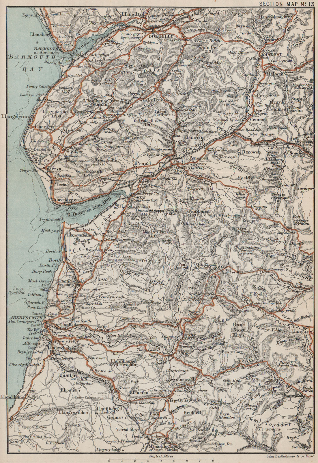 CARDIGAN BAY COAST Cader Idris Aberdovey Aberystwith Barmouth Dolgellau 1887 map
