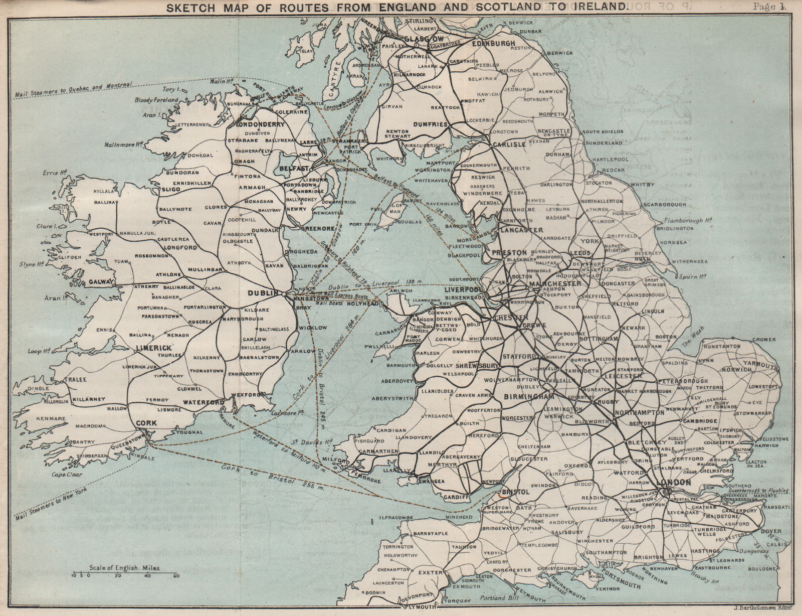 Ferry/shipping routes from England and Scotland to Ireland. BARTHOLOMEW 1887 map