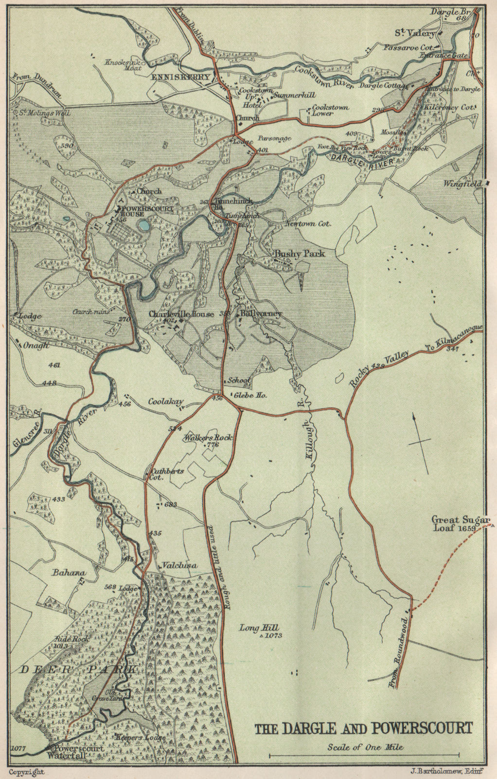 The Dargle and Powerscourt. Ireland. BARTHOLOMEW 1902 old antique map chart