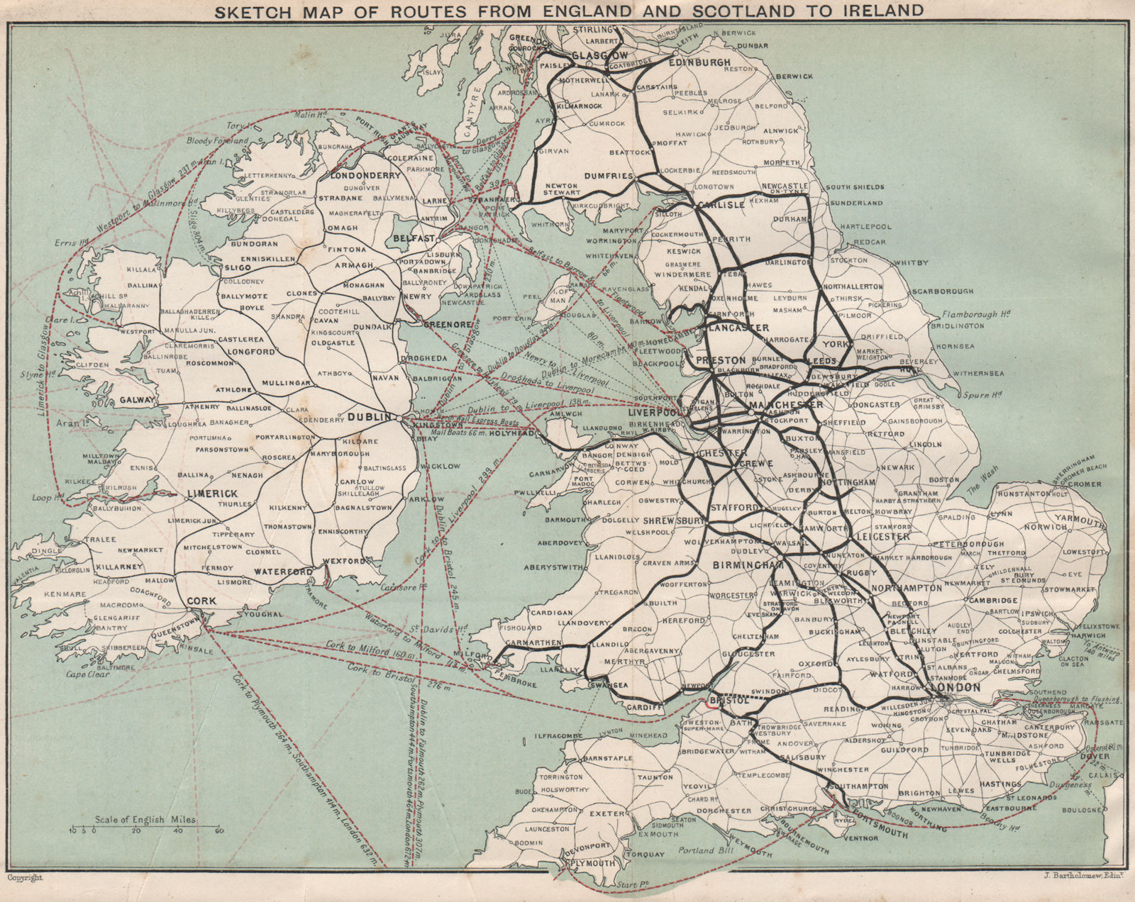 Ferry/shipping routes from England and Scotland to Ireland. BARTHOLOMEW 1901 map