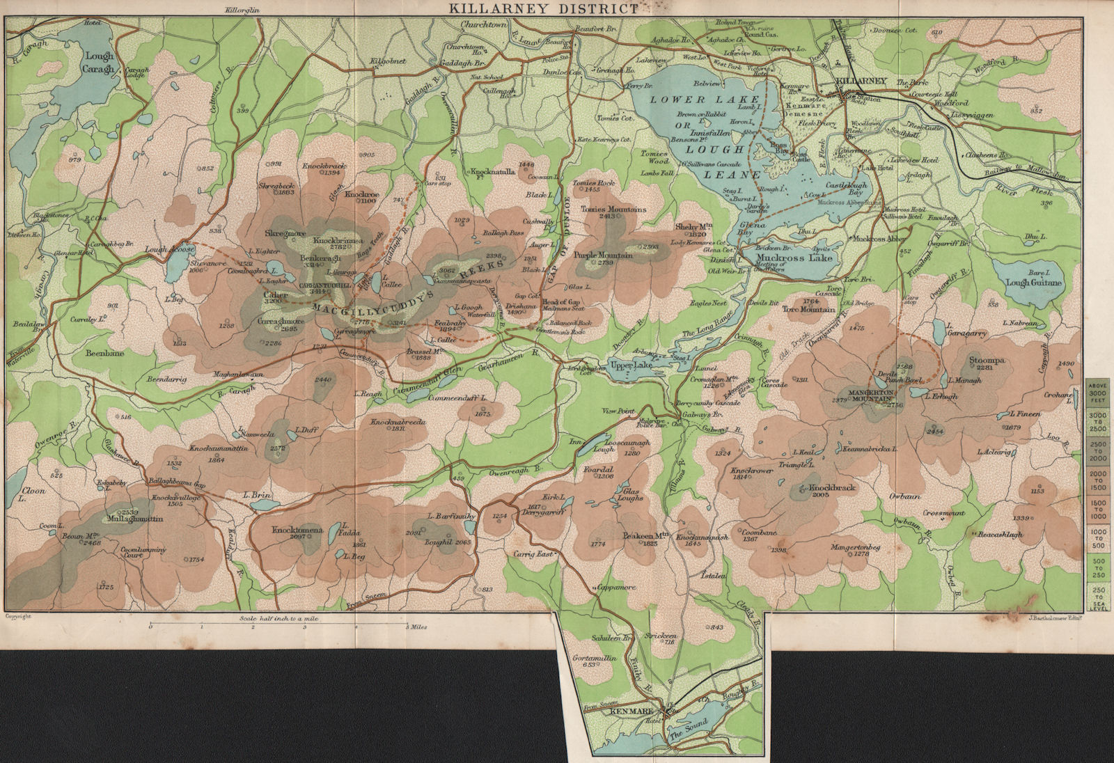 KILLARNEY LAKES. MacGillycuddy's Reeks. Carrauntoohil Purple Mangerton 1901 map