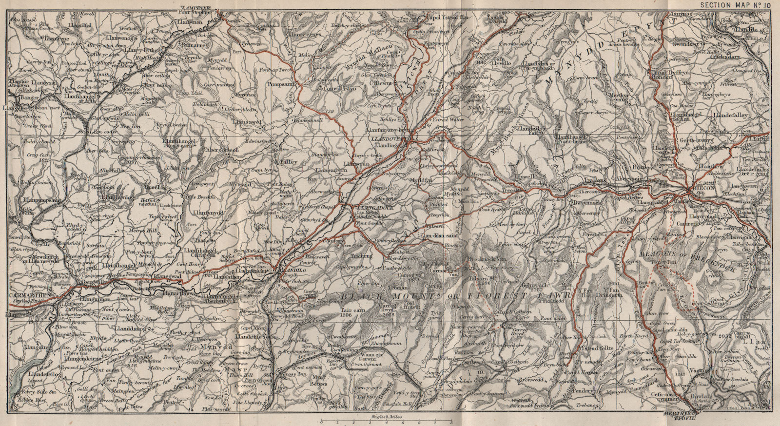 BRECON BEACONS. Llandovery Brecon Fforest Fawr Carmarthen Black Mtns 1886 map