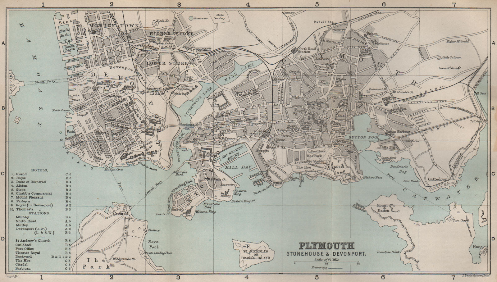 PLYMOUTH, STONEHOUSE & DEVONPORT town/city plan. Devon. BARTHOLOMEW 1892 map