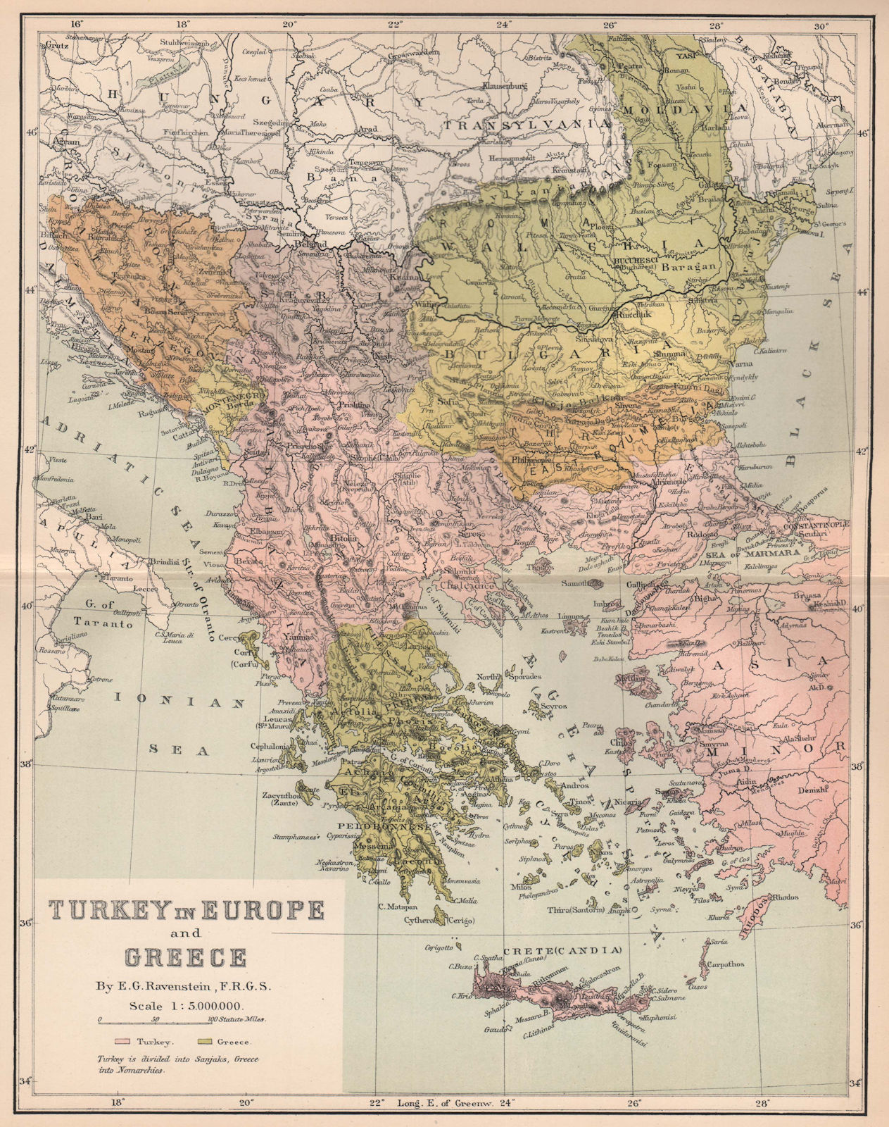 Turkey In Europe and Greece 1885 old antique vintage map plan chart