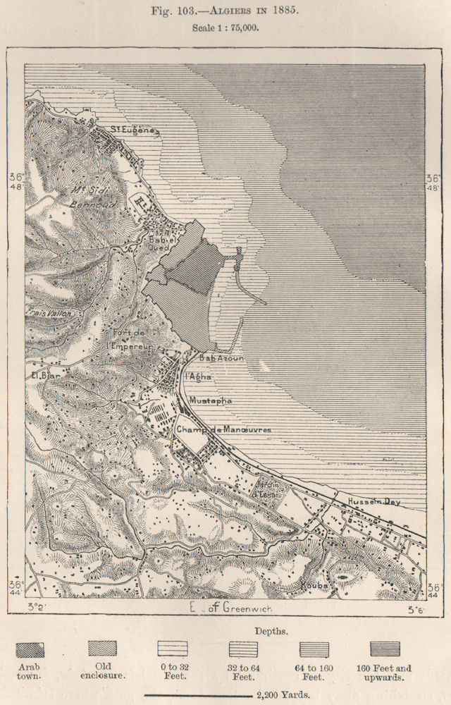 Algiers in 1885. Algeria 1885 old antique vintage map plan chart