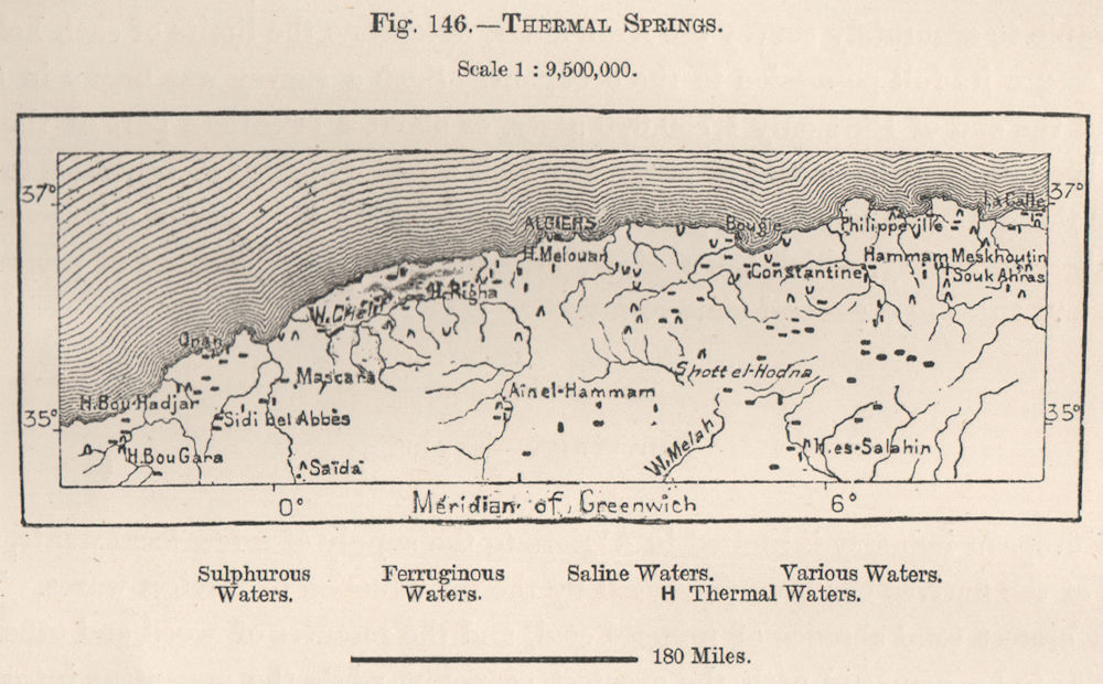 Associate Product Thermal Springs in Algeria. Sulphurous Saline Ferruginous 1885 old antique map