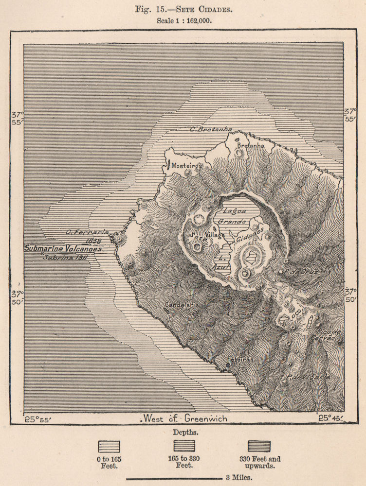 Sete Citades Massif, Sao/São Miguel, Azores. Portugal 1885 old antique map