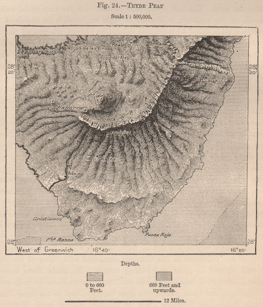 Teide Peak. Tenerife, Canary Islands 1885 old antique vintage map plan chart