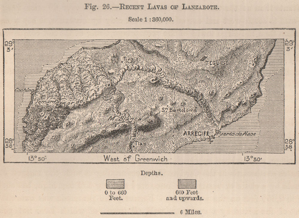 Recent Lavas of Lanzarote. Canary Islands, Spain 1885 old antique map chart
