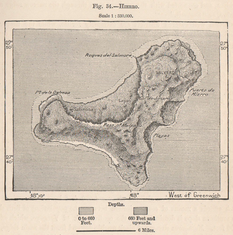 El Hierro, Canary Islands, Spain 1885 old antique vintage map plan chart