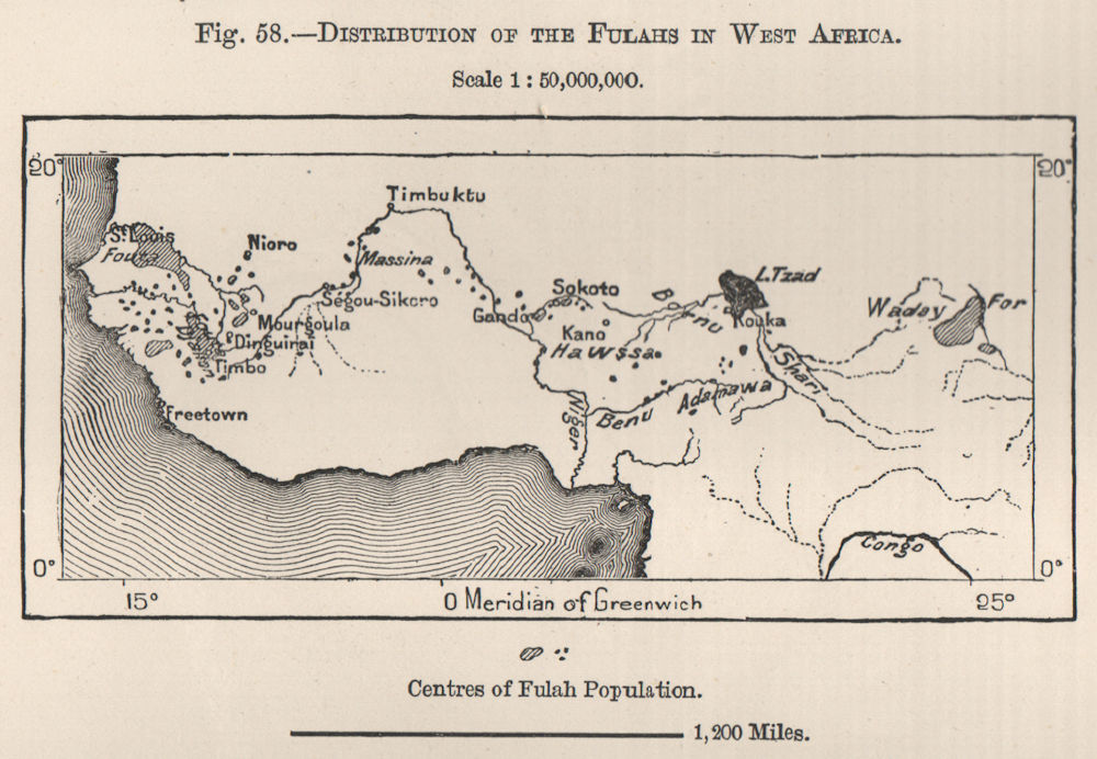 Distribution of the Fulahs in West Africa. North Senegambia 1885 old map