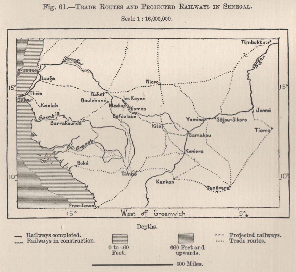 Trade Routes and Projected Railways in Senegal. Mali 1885 old antique map