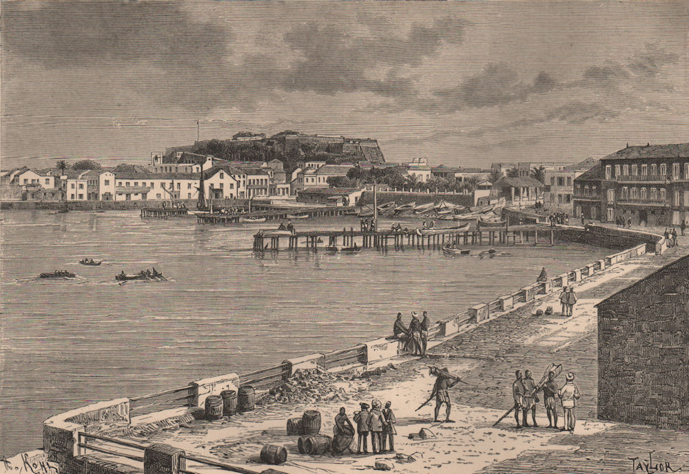 Île de Gorée - Landing Stage and Fort. Dakar, Senegal 1885 old antique print