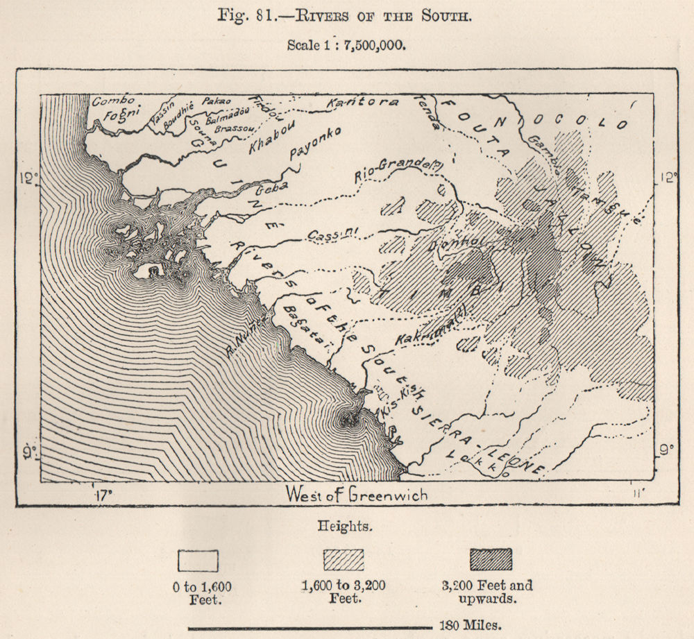 Guinea & Guinea-Bissau coast 1885 old antique vintage map plan chart