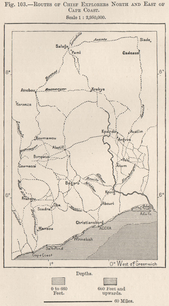 Associate Product Explorers' routes north & east of Cape Coast. Ghana. Upper Guinea 1885 old map