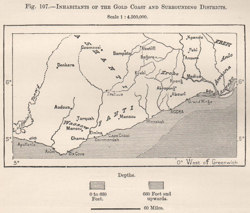 Inhabitants of the Gold Coast (Ghana) & surrounding districts. Ghana 1885 map
