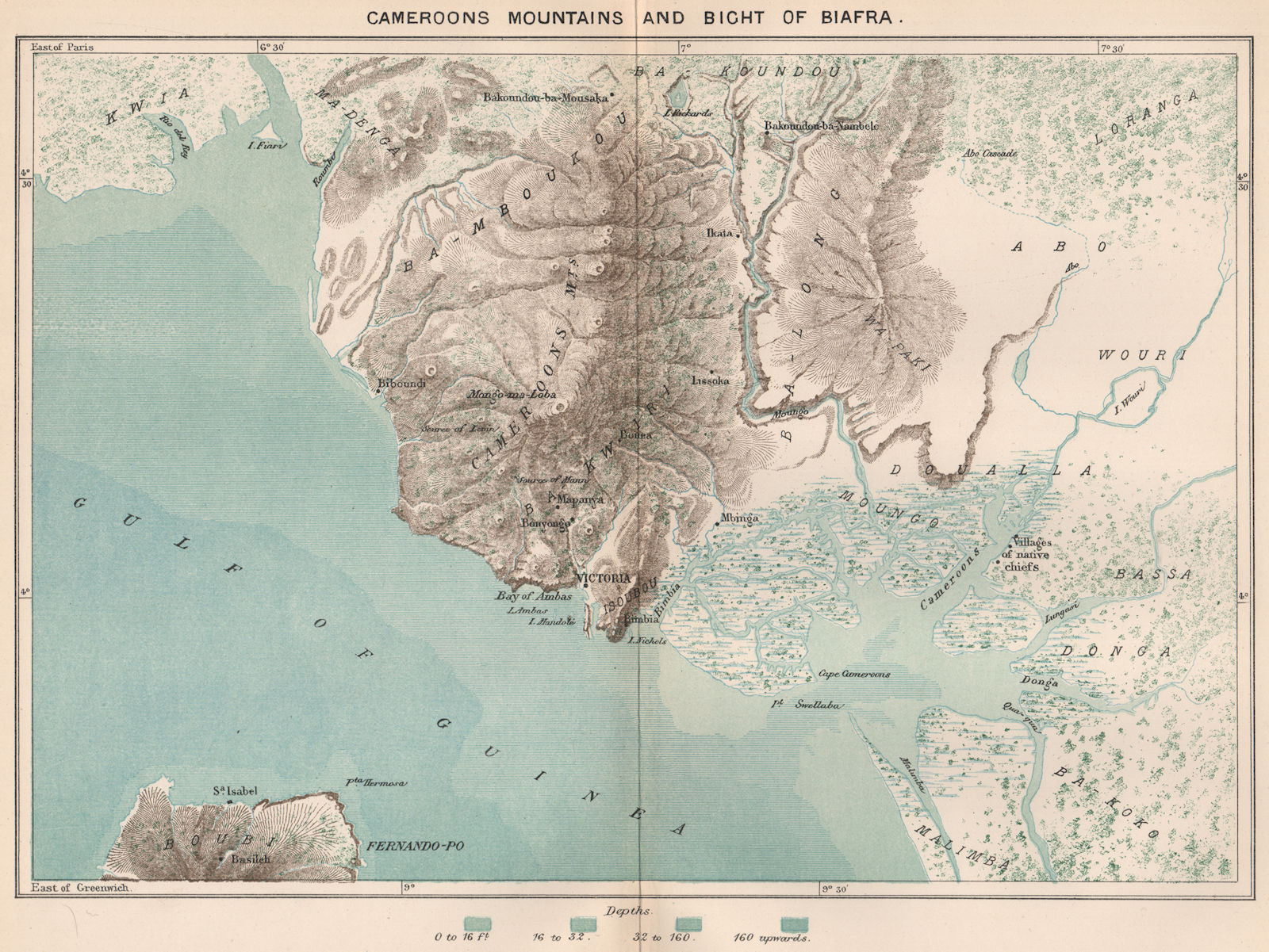 Cameroon Mountains and Bight of Biafra/Bonny. Bioko. Douala 1885 old map