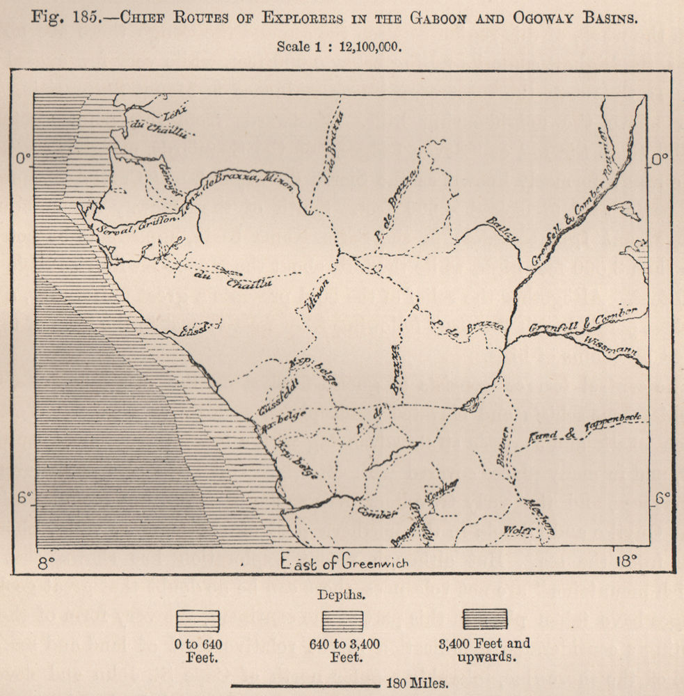 Associate Product Chief routes of explorers in the Gabon & Ogooué(Ogowe)Basins.Gabon 1885 map