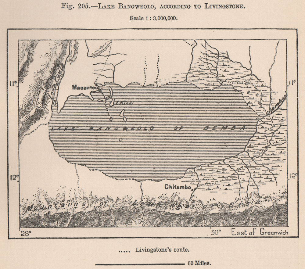 Lake Bangweulu, according to Livingstone. Zambia. Congo Basin 1885 old map