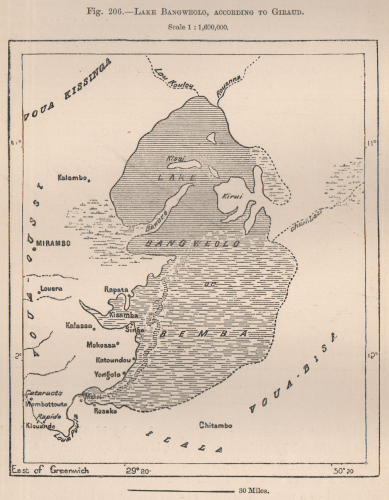 Lake Bangweulu, according to Giraud. Zambia. Congo Basin 1885 old antique map