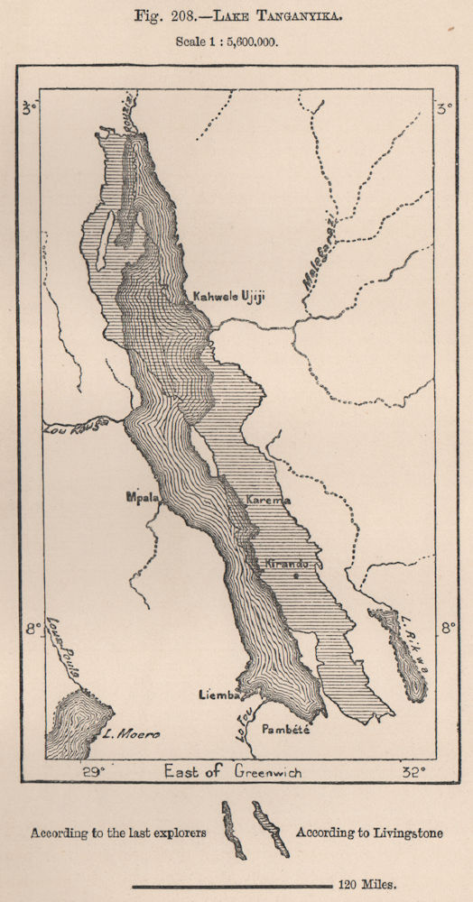 Lake Tanganyika, according to Livingstone & others. Africa 1885 old map